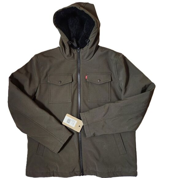 Levi’s Men’s Hooded Trucker Jacket – Size Large, Olive, Sherpa-Lined Softshell - Picture 1 of 9